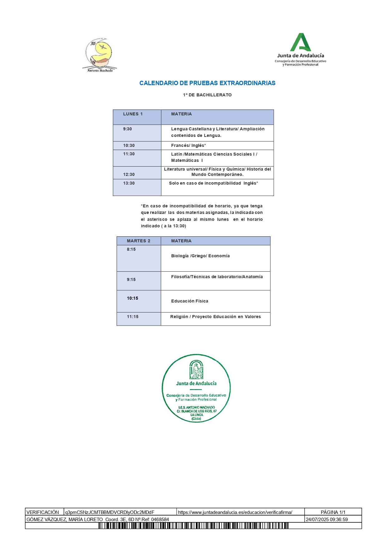 Imagen de la noticia: Convocatoria Extraordinaria septiembre 1º de Bachillerato.