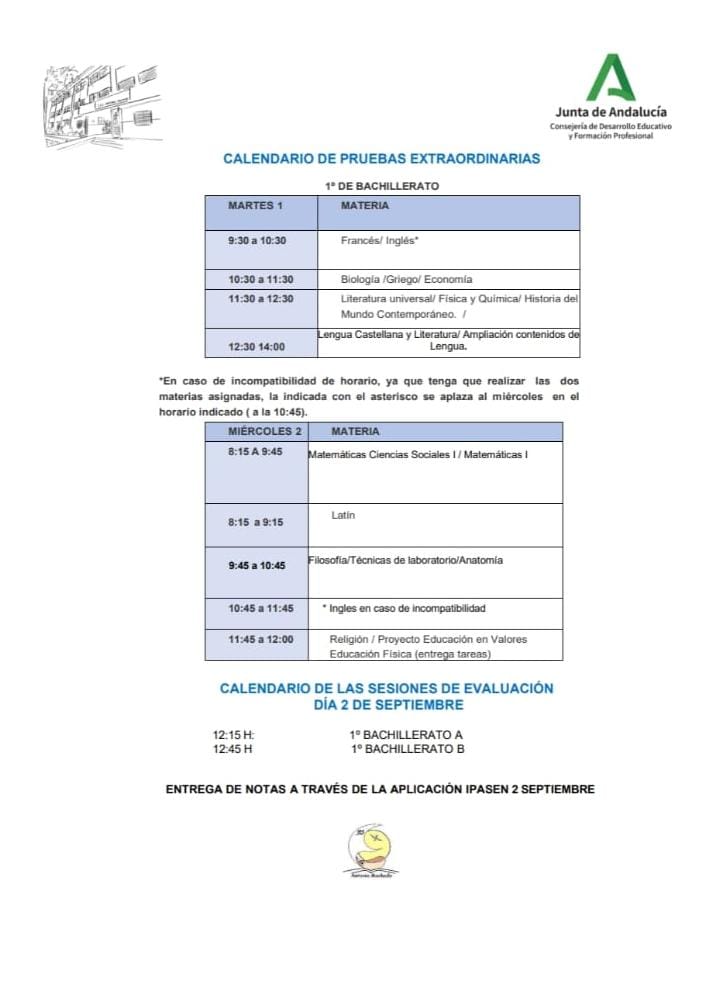 Imagen de la noticia: Calendario de pruebas extraordinarias 1º de Bachillerato.Septiembre. Curso 2025/2026